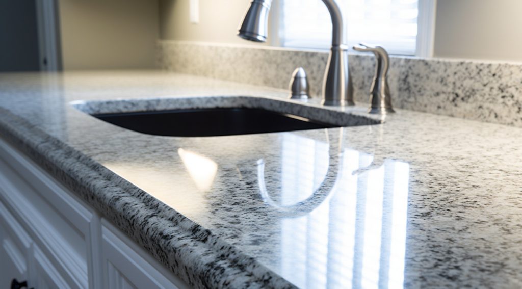 Close-up of a cleaned granite countertop after removing the undermount sink.