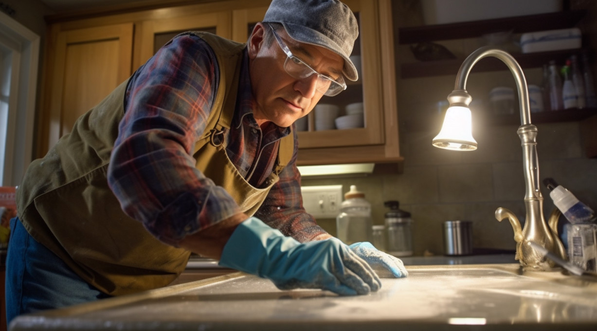Expert handyman removing an undermount sink from granite epoxy.