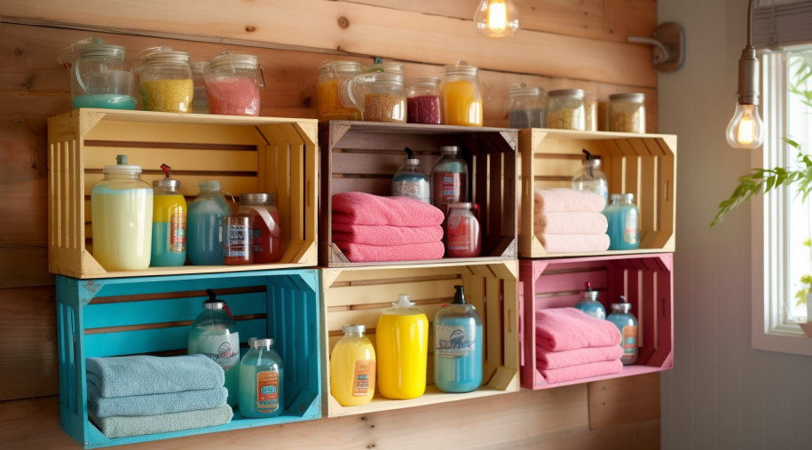 Upcycled storage crates as open shelves for detergent