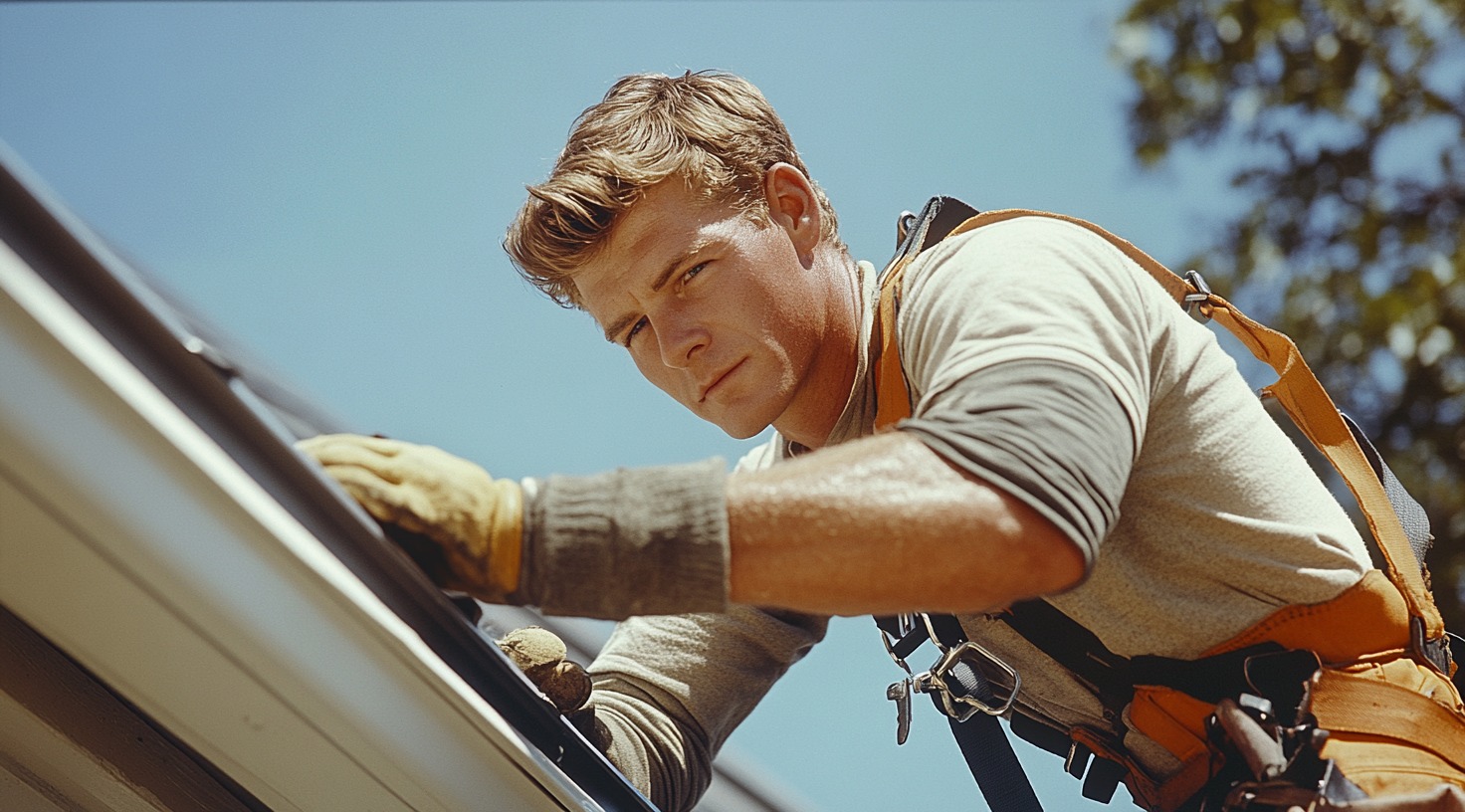 Professional gutter installer working on a house rooftop