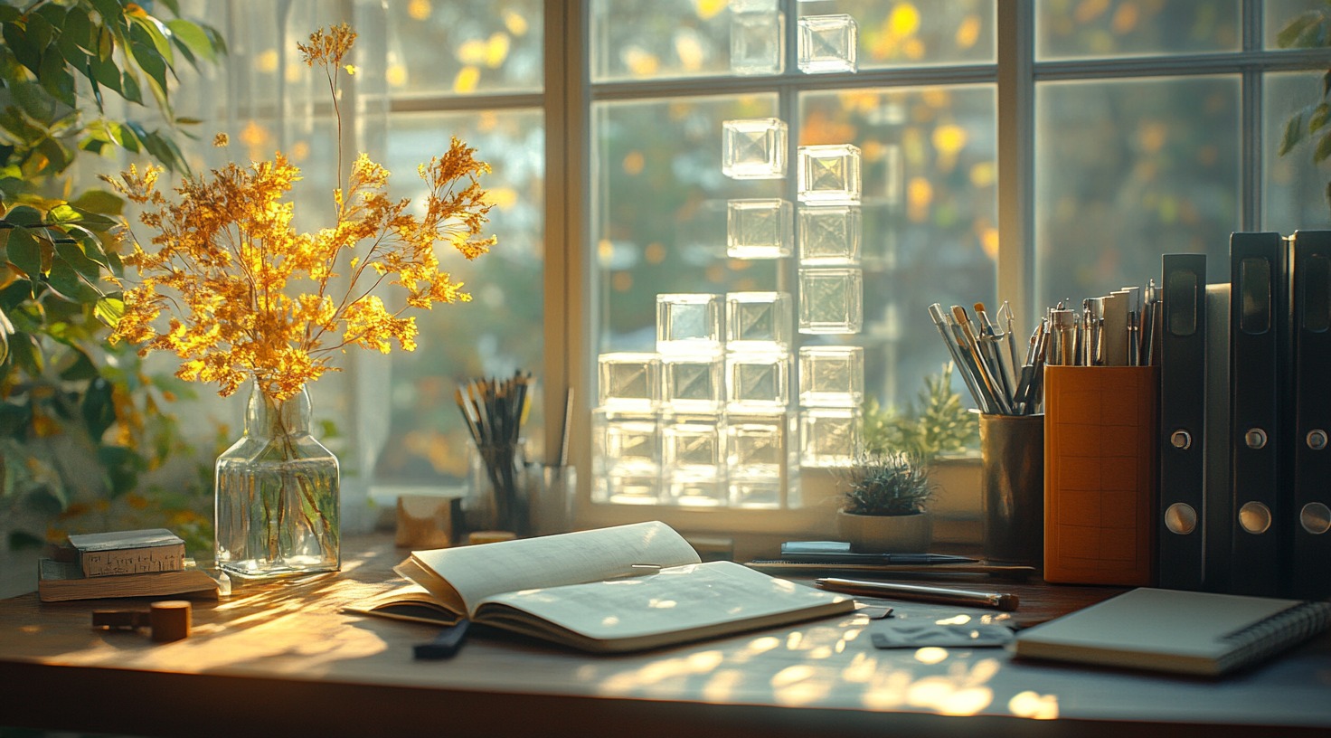 Dreamy creative space featuring glass block decor