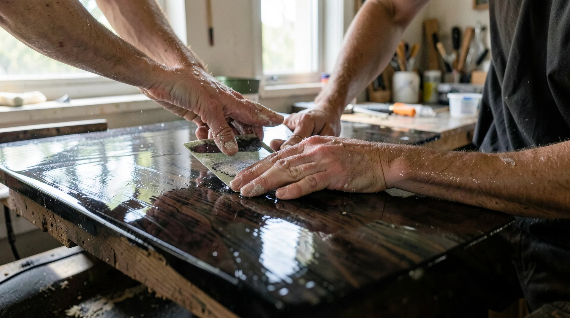 Sanding epoxy resin with wet sandpaper to a clear glossy finish