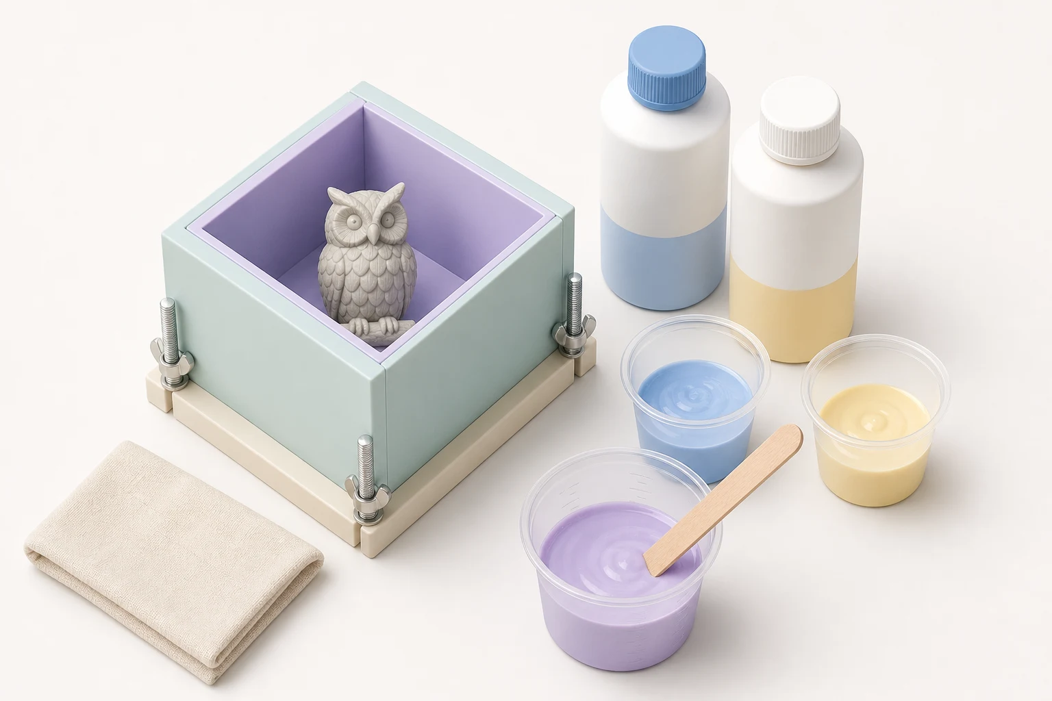 Isometric illustration of DIY silicone mold-making supplies for resin casting: a mold box with a master object, two-part silicone bottles, and mixing cups
