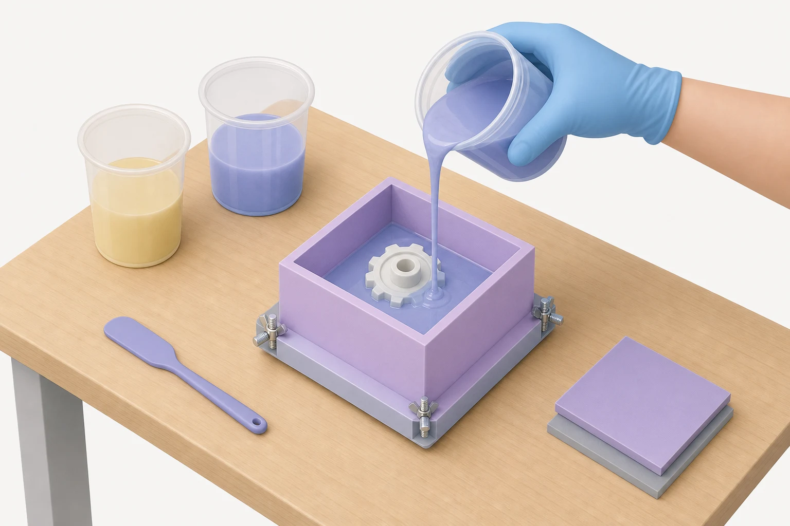 Pouring two-part silicone in a thin stream into a mold box over a master object