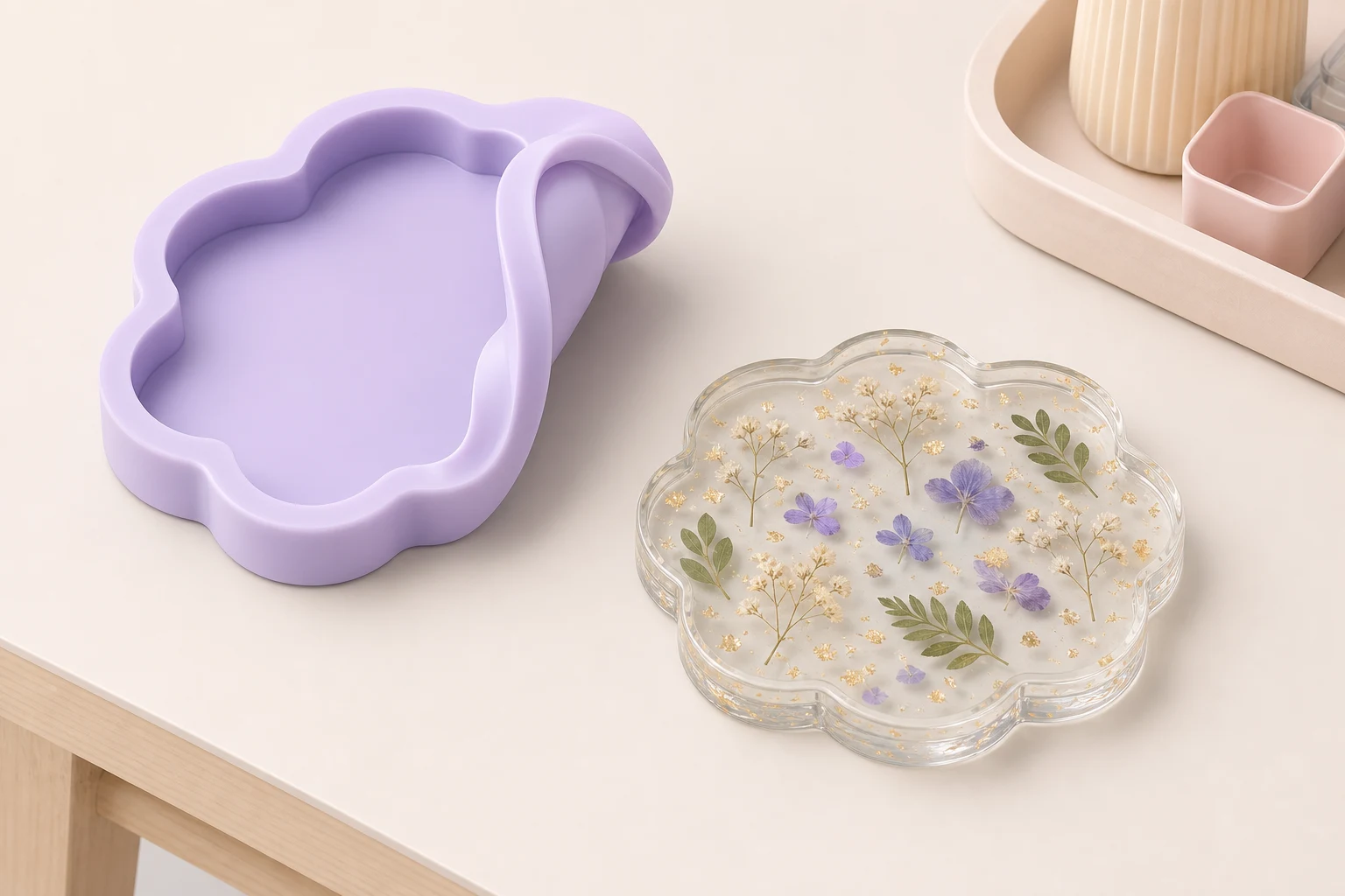 A flexible silicone mold beside a finished clear resin flower coaster