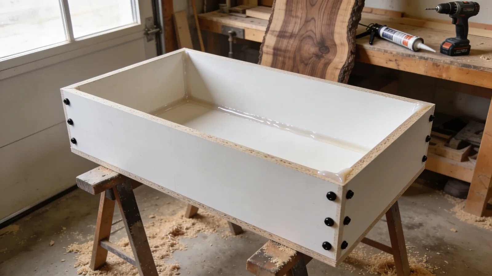 Empty melamine mold box for an epoxy resin table on sawhorses