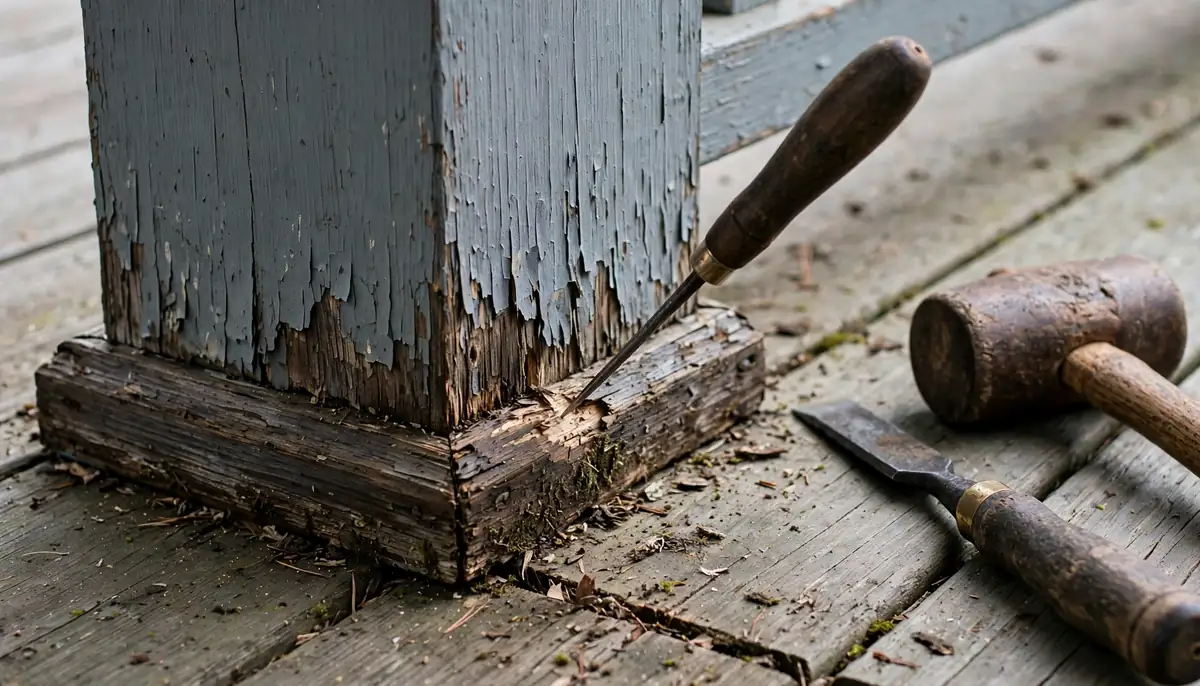 Probing a porch post base with an awl to find soft wood