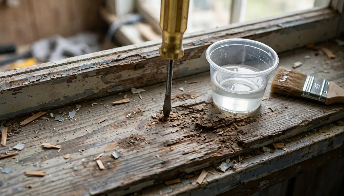 Probing soft wood with screwdriver beside epoxy mixing cup
