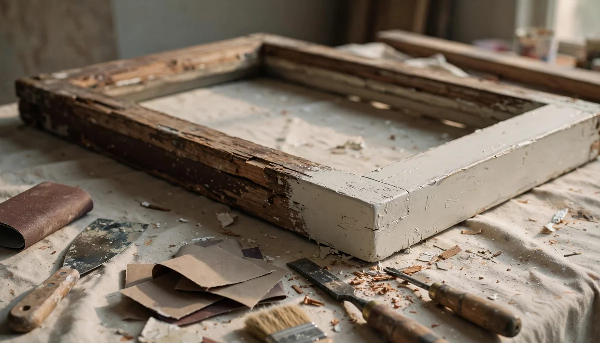 Primed wooden window frame after cured epoxy repair
