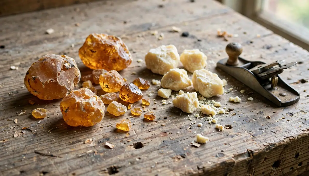 Amber resin lumps and rosin on a wooden workbench