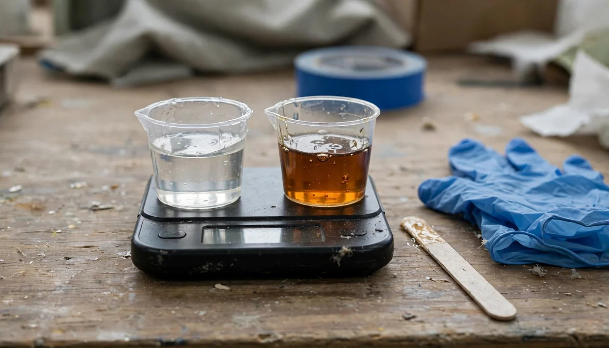 Epoxy resin and hardener being weighed on a digital scale