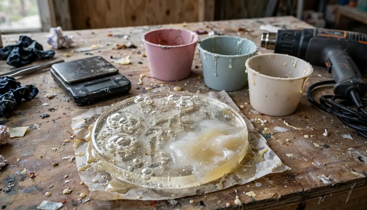 Failed resin casting with bubbles beside mixing tools