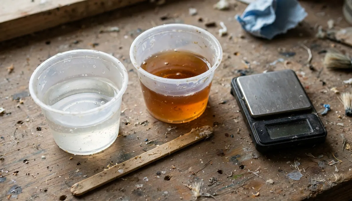 Epoxy resin and hardener in mixing cups on workbench