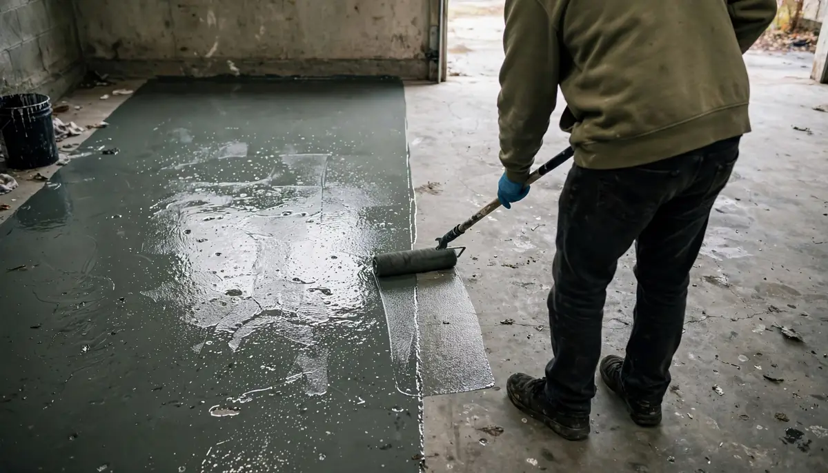 Rolling epoxy sealer onto a concrete garage floor