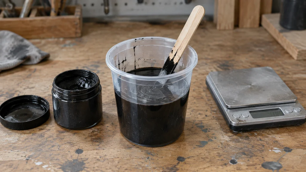 Mixing cup of black pigmented epoxy resin on a workbench