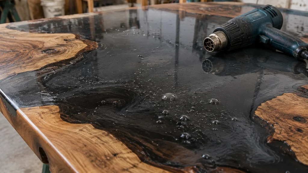 Heat gun popping bubbles on a wet black epoxy surface