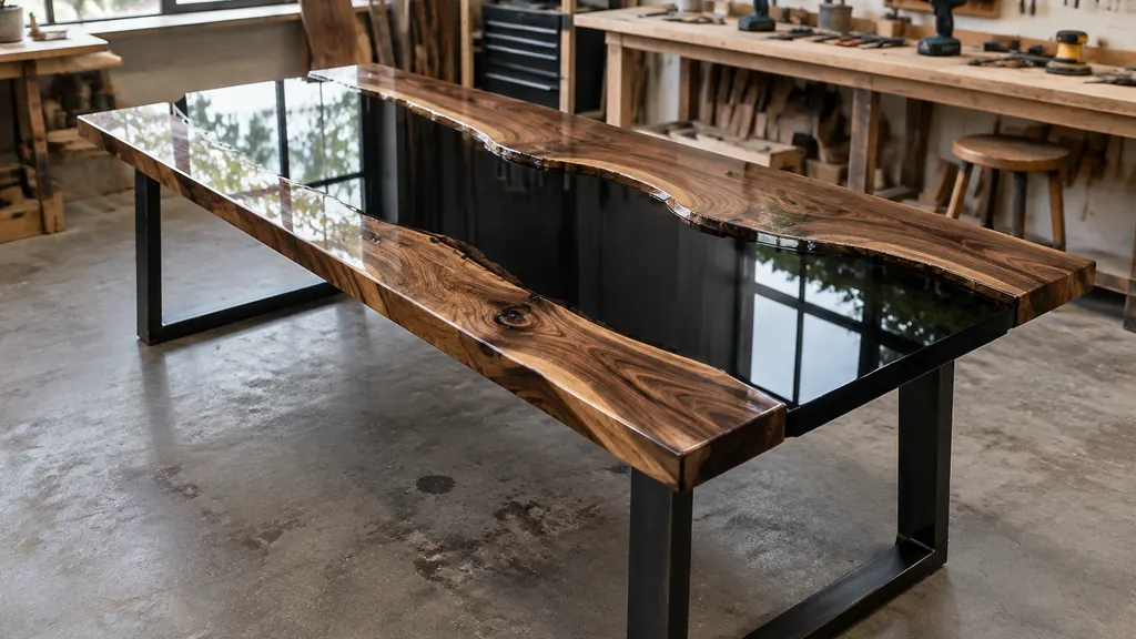 Finished black epoxy river table with glossy reflective surface
