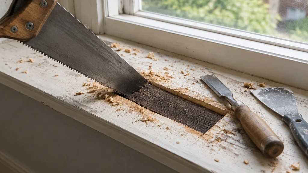 Cutting rotten wood out of a window sill before filling