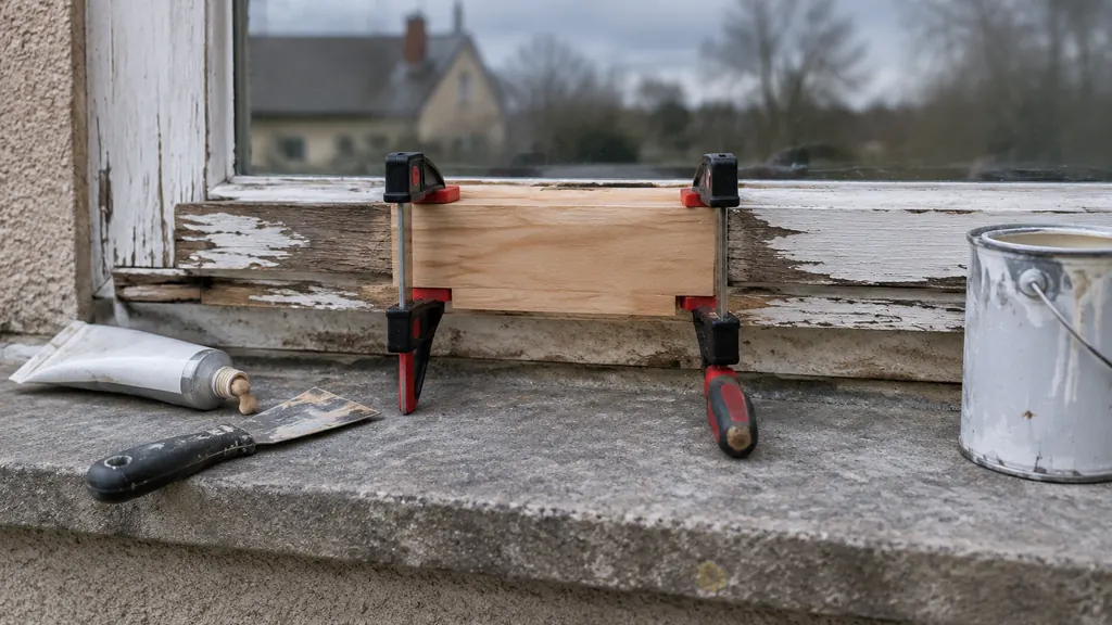 New wood spliced into a rotted exterior sill