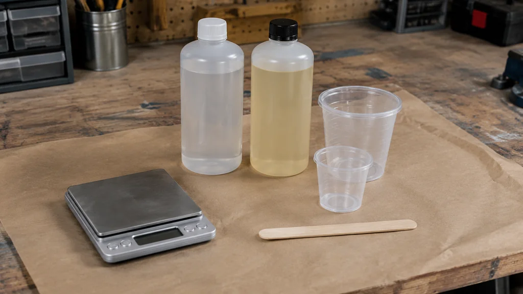 Epoxy resin bottles and mixing tools on a workshop bench