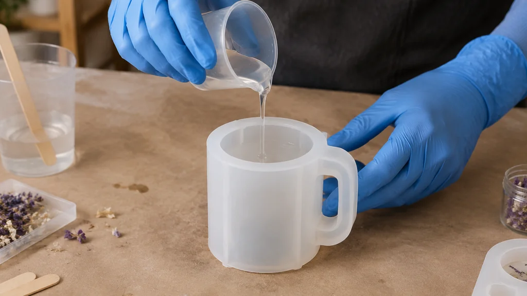 Pouring mixed epoxy into a silicone mug mold