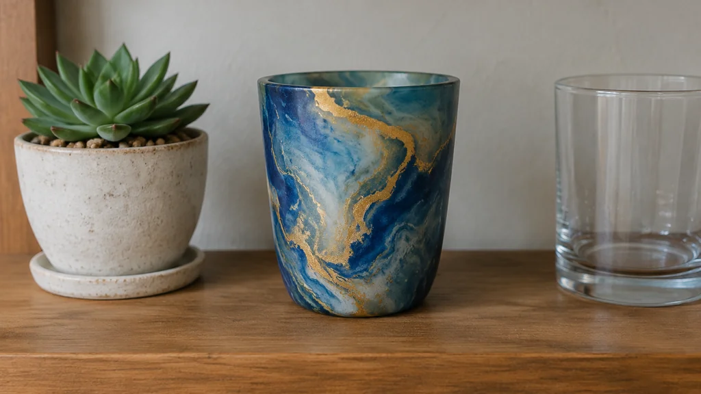 Finished resin cup on a shelf beside a glass tumbler