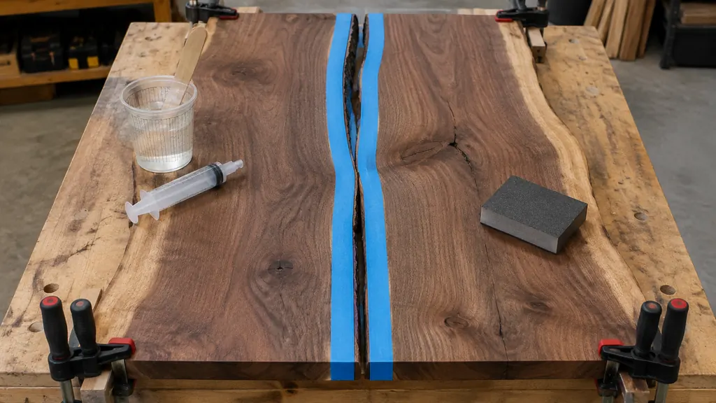 Epoxy crack filler tools laid out beside a split walnut board