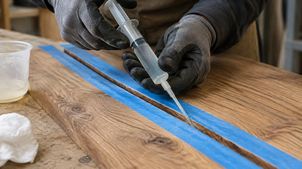 Syringe injecting clear epoxy into a narrow crack in oak