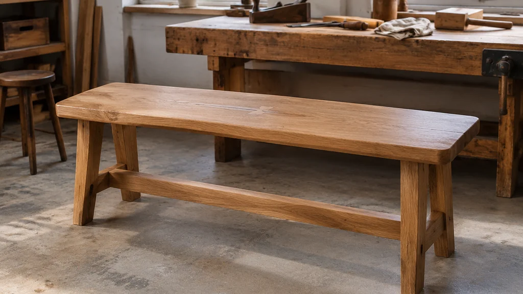 Restored oak bench with a sanded crack repair and fresh finish