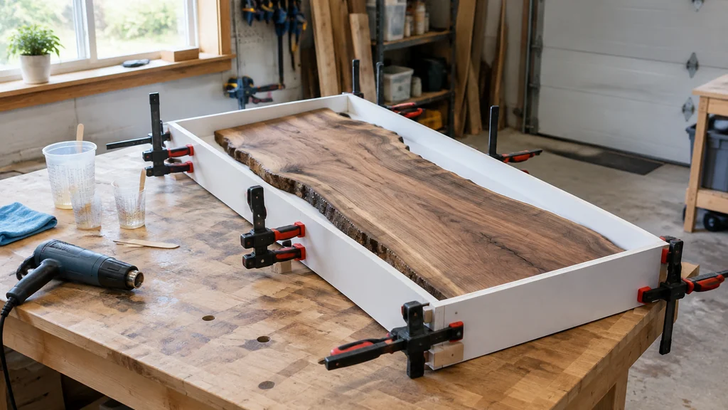 Wood slab sealed inside a form ready for an epoxy pour