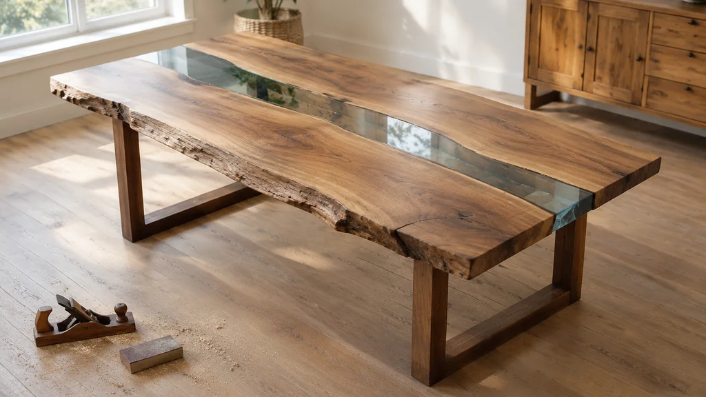 Finished live-edge epoxy river table in a bright room