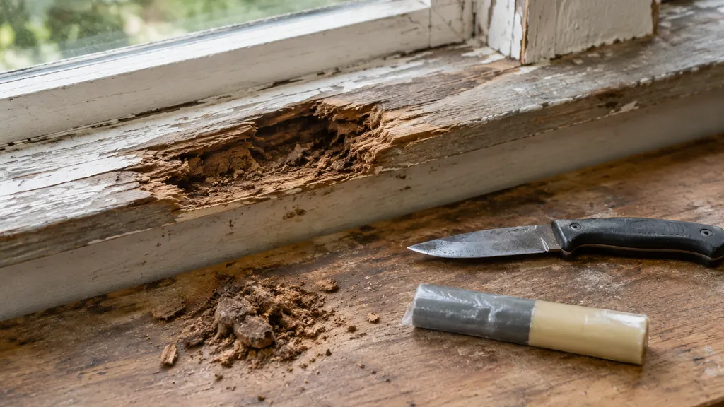 Rotted window sill prepared for epoxy putty repair