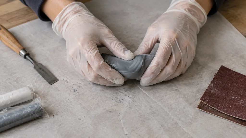 Kneading two-part epoxy putty to a uniform colour