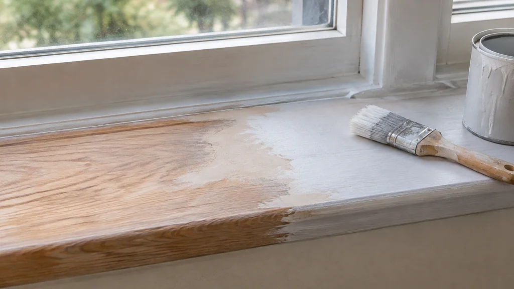 Sanded epoxy putty patch feathered into a window sill