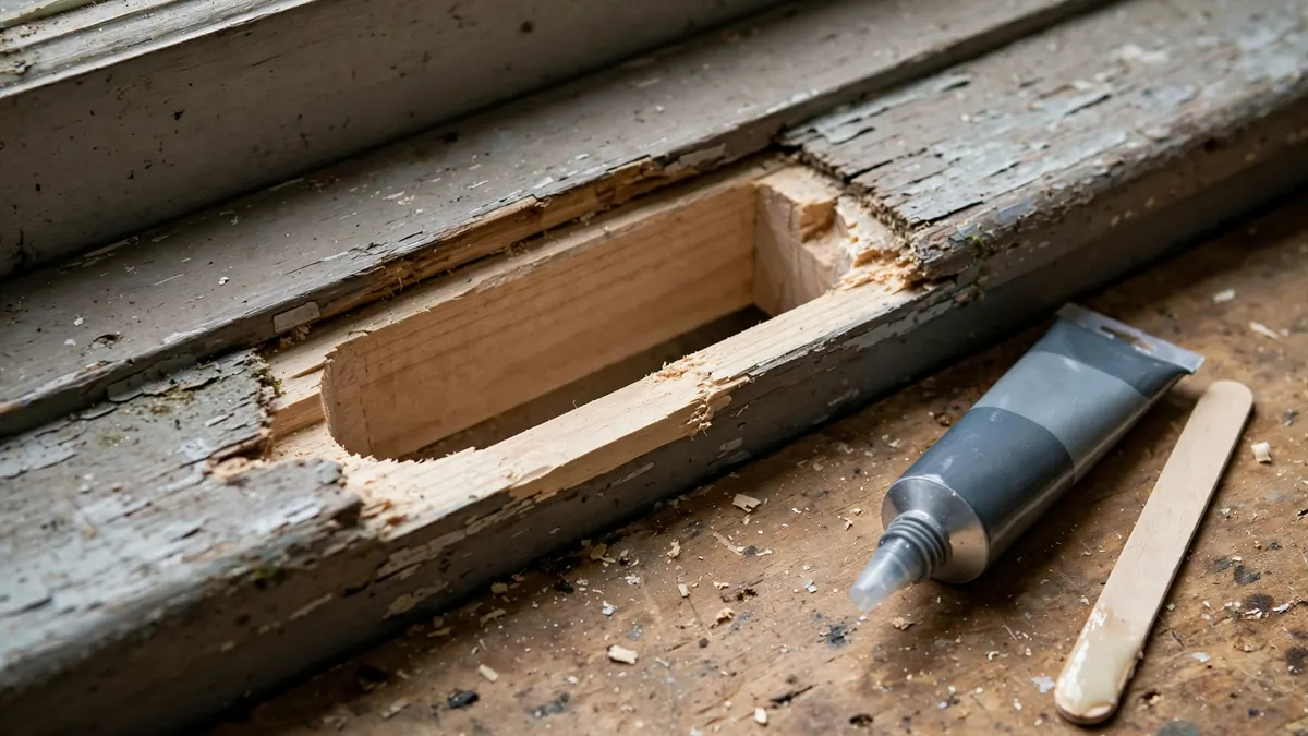Rotted window sill prepared for epoxy wood filler repair