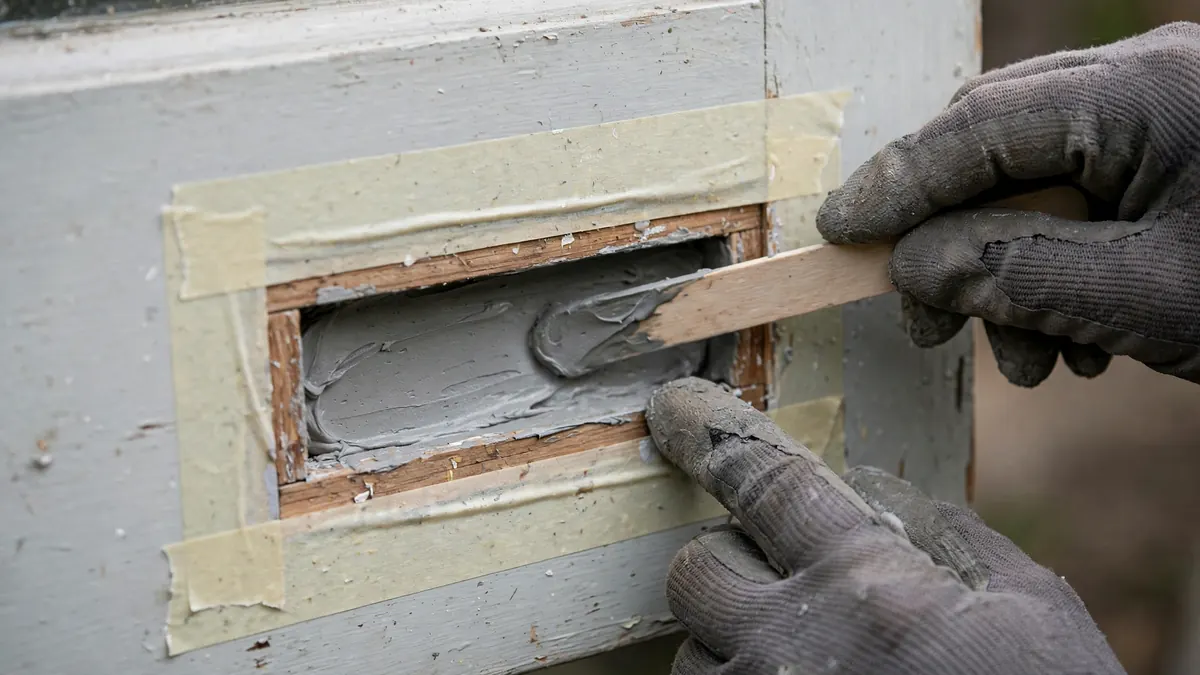 Packing epoxy wood filler into a rotted door frame cavity
