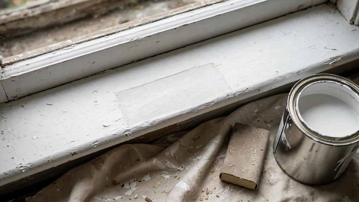 Sanded and painted epoxy repair on a wooden window sill