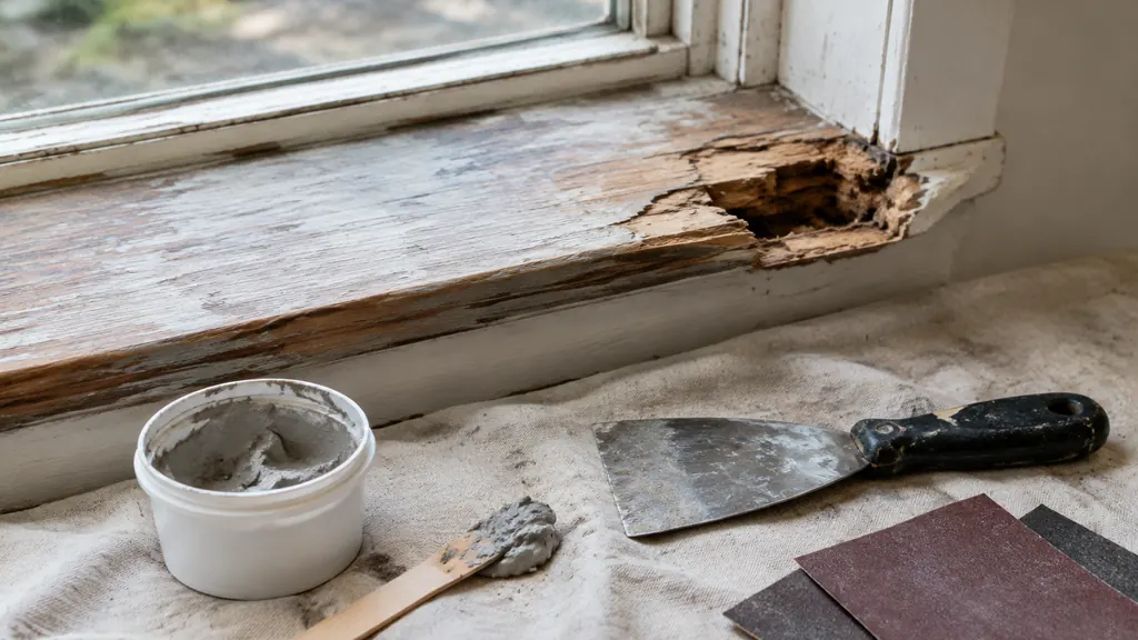 Rotted exterior window sill prepared for epoxy wood filler repair