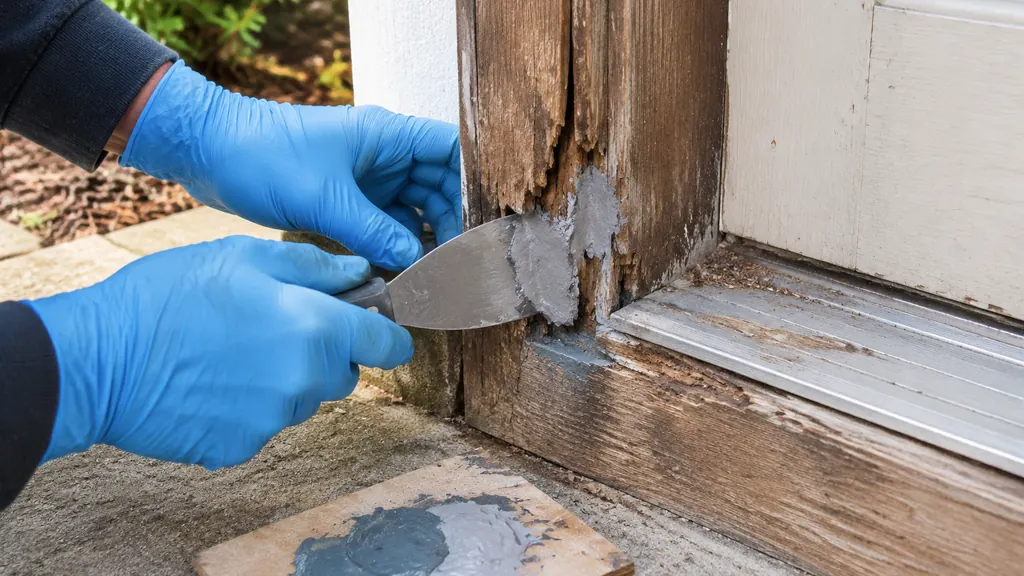 Pressing mixed epoxy wood filler into a rotted exterior door frame