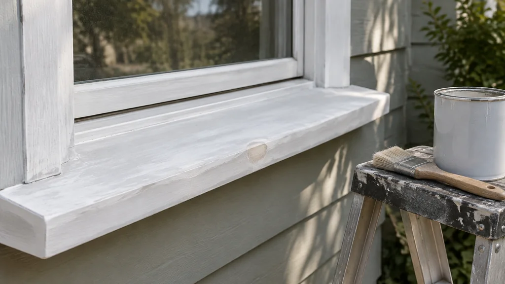 Sanded and primed epoxy repair on an exterior window sill