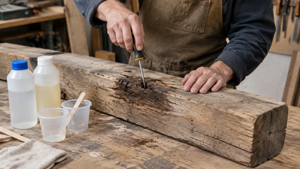 Testing rot depth in a timber beam with a screwdriver