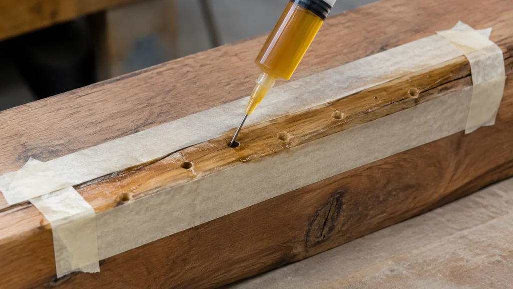 Injecting epoxy wood hardener into drilled ports in a beam