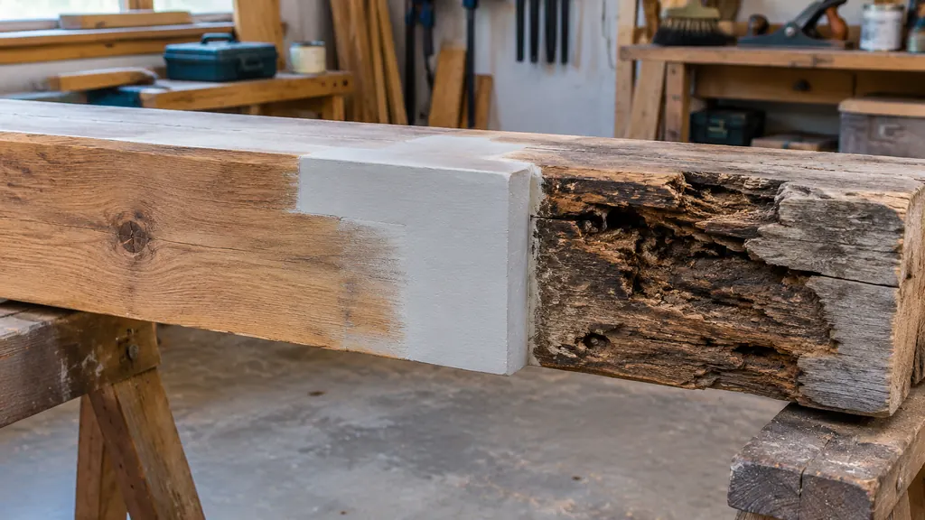 Restored timber beam end beside the rotten section removed