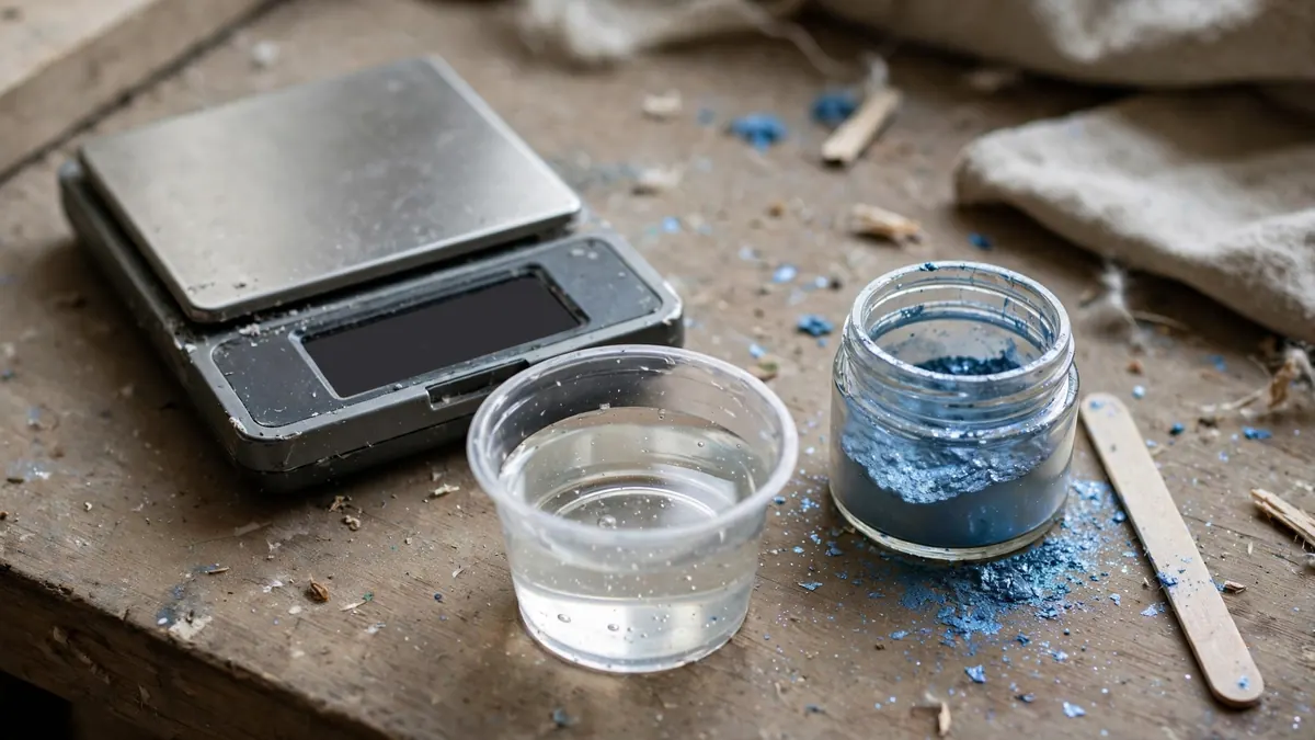 Digital scale, epoxy cup and blue mica powder on a workbench