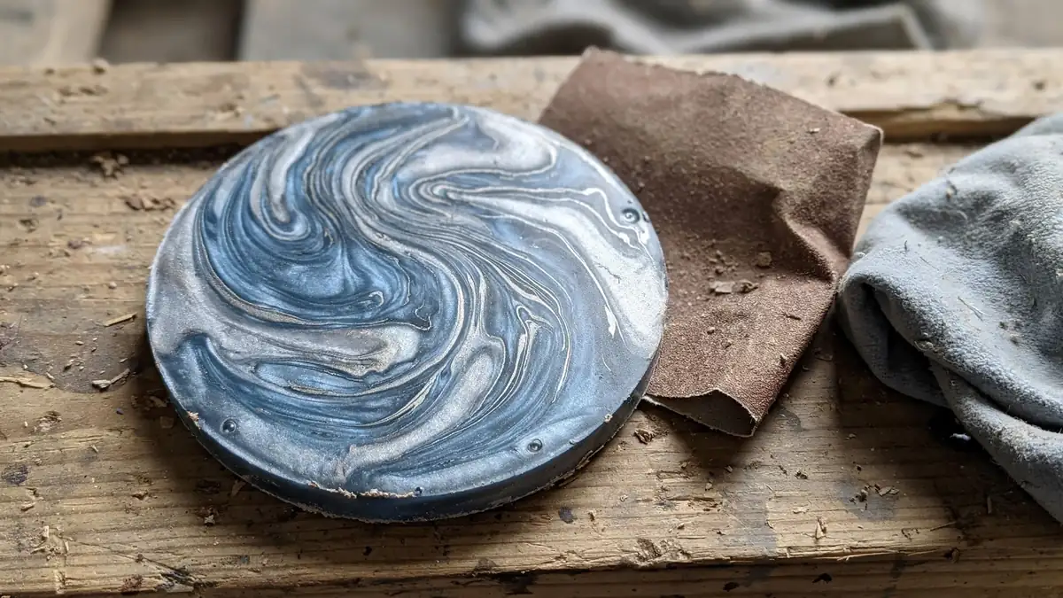 Finished epoxy coaster with metallic blue and silver swirl pattern