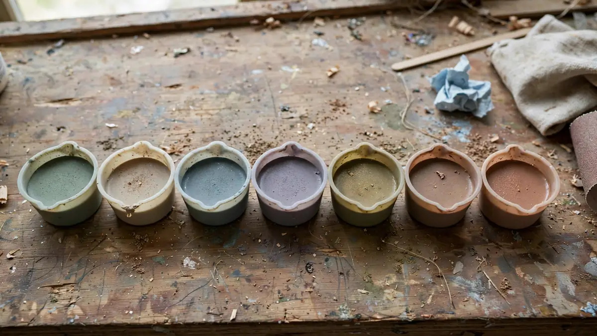 Row of small epoxy test cups in different mica pigment shades