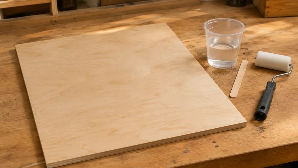 Plywood sheet with epoxy resin and roller on a workbench
