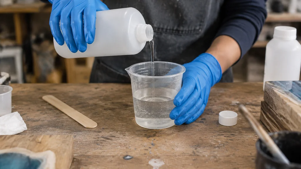 Gloved hands measuring epoxy resin and hardener into cups