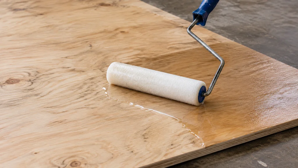 Roller applying a thin coat of epoxy to plywood