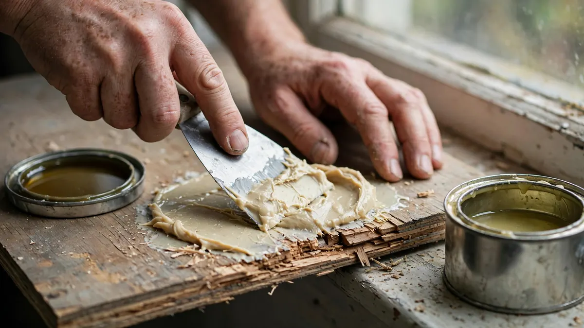Mixing two-part epoxy wood filler on a plywood scrap